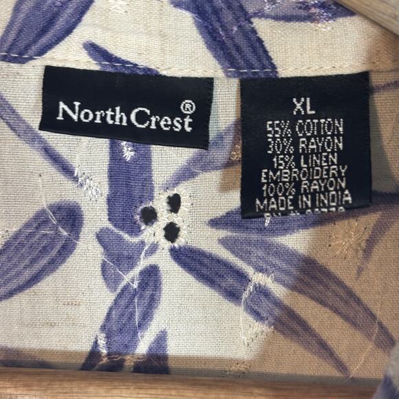 NorthCrest Womens Linen Blend Shirt XL Purple Leaf Button Tropical Cottagecore - Picture 3 of 5